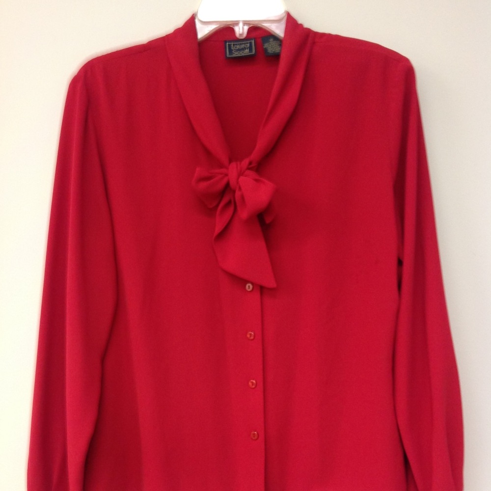 Laura Scott Red Bow Tie Blouse Secretary Geek